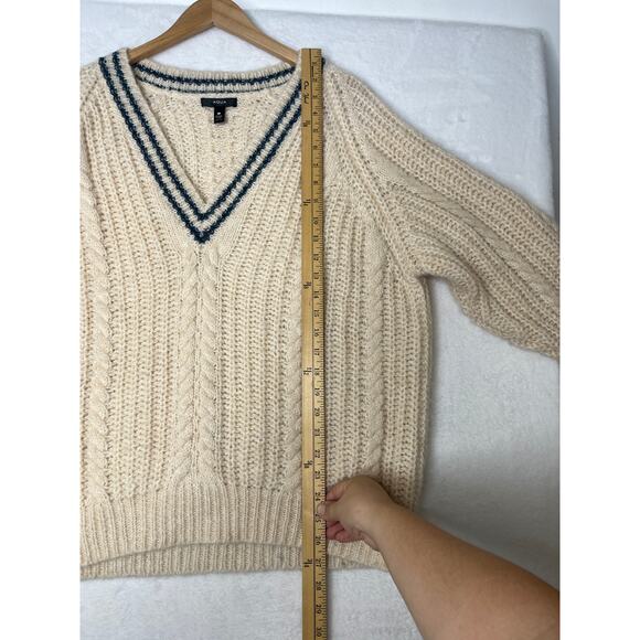 AQUA Cream Blue Vneck Varisty Wool Blend Sweater Preppy Gossip Girl College sz L - Picture 6 of 7